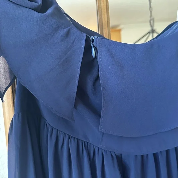 Lulus Navy Blue One Shoulder Ruffle Midi Dress XL Wedding Guest Formal - Picture 4 of 9